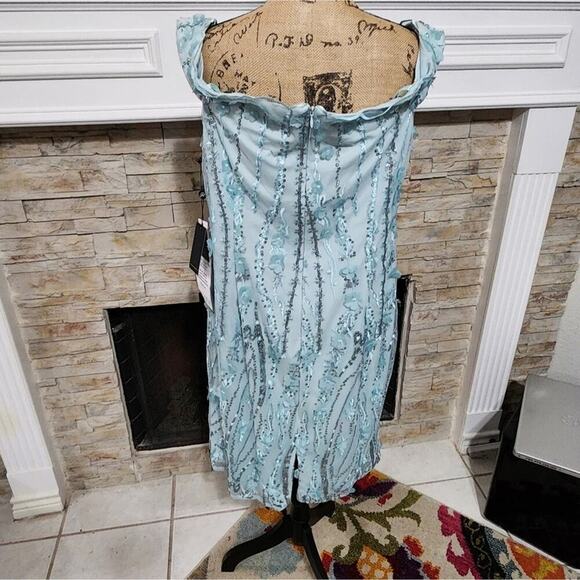 Adrianna Papell Embroidered Off Shoulder Tailored Dress, Sea Glass size 16P new - Picture 5 of 13